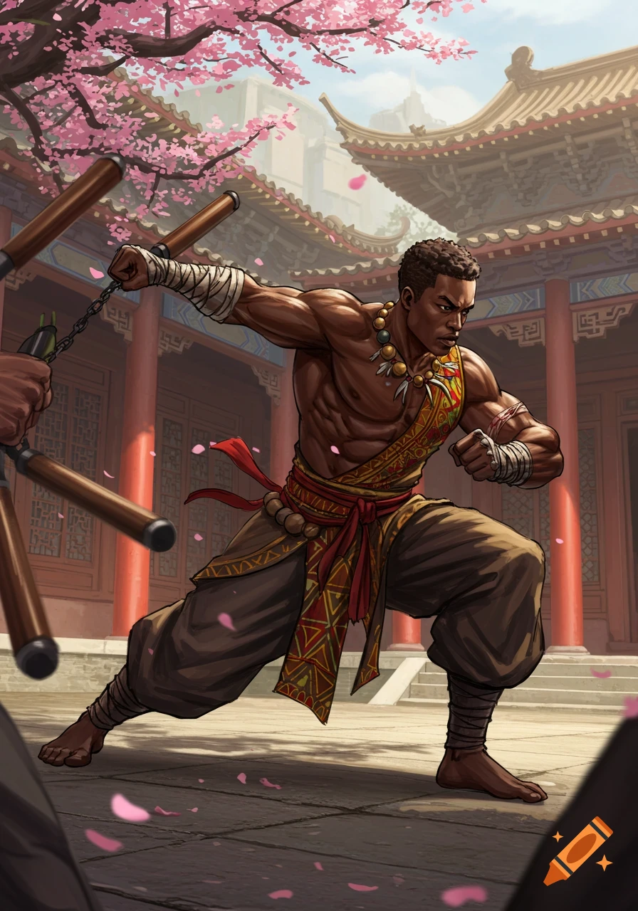 A muscular African man in traditional martial arts attire poses dynamically with nunchaku in a Chinese temple courtyard with cherry blossoms.