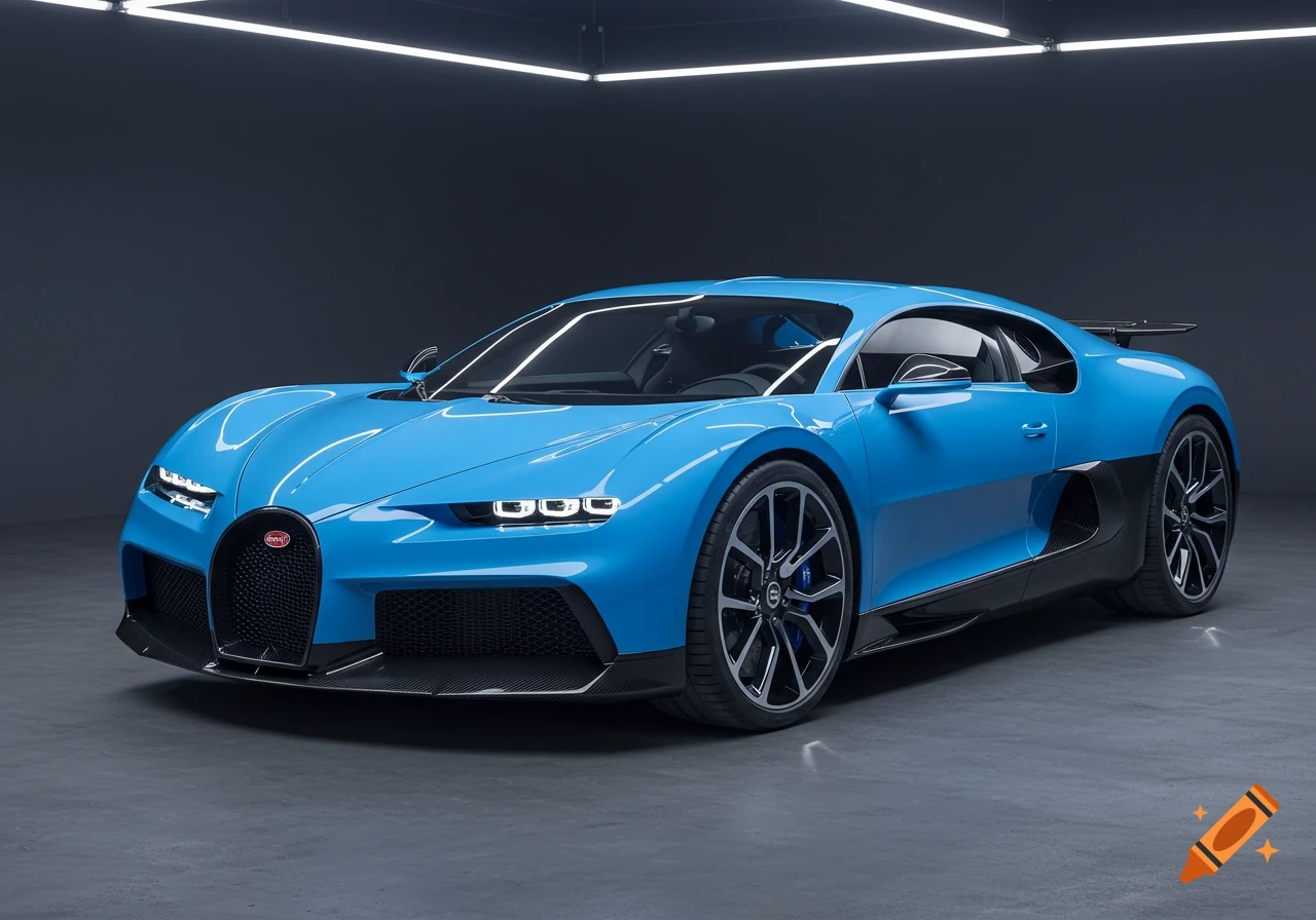 A bright blue Bugatti sports car with black carbon fiber accents, parked in a minimalist studio.