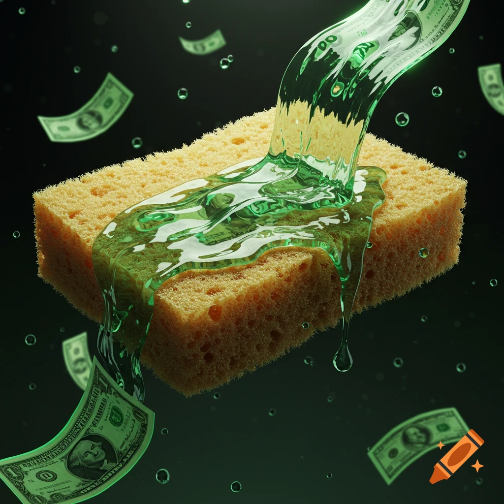 A yellow sponge absorbs a stream of vibrant green liquid containing dollar bills, with more bills and bubbles floating in a dark, mysterious background.