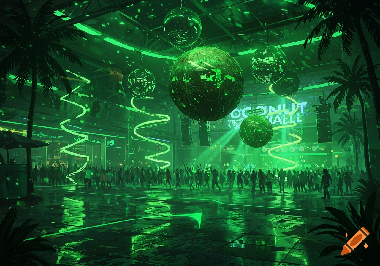 A vibrant green-lit rave scene inside a mall with a large crowd, disco balls, neon lights, and palm trees.