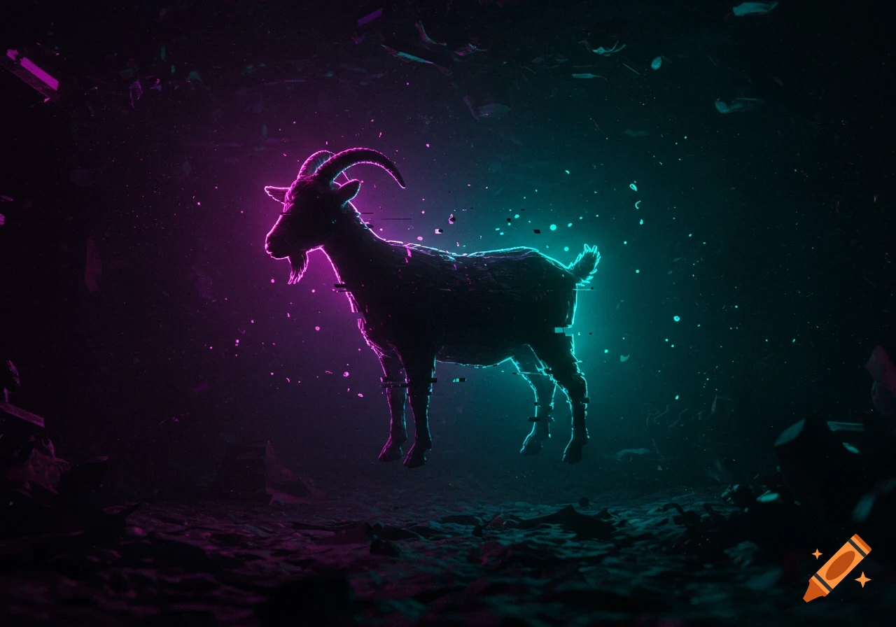 A dark silhouette of a goat outlined in glowing neon pink and blue, surrounded by glitch effects and fragmented particles on a dark background.