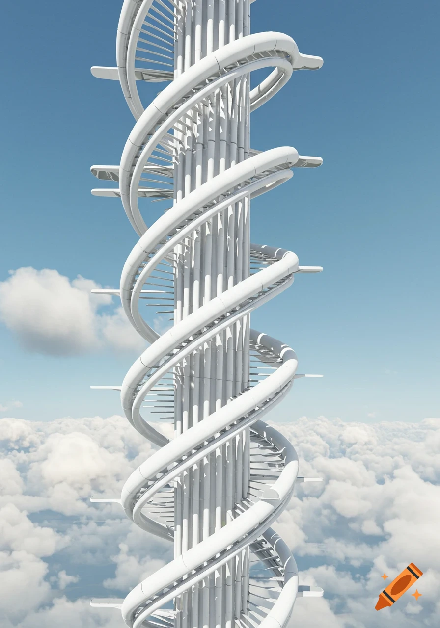 A towering white structure, resembling a double helix or DNA strand, rises through a bright blue sky filled with white clouds.