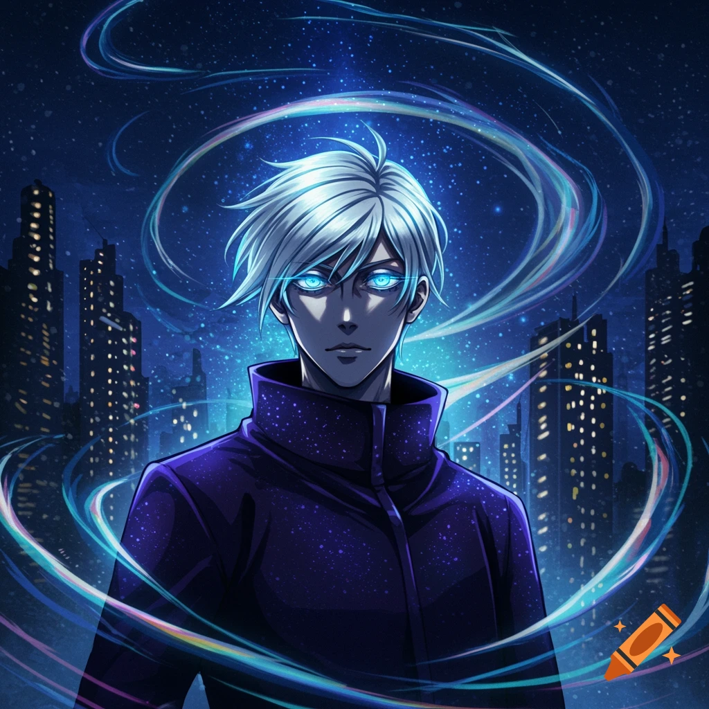 An anime character with white hair and glowing blue eyes in a dark jacket, surrounded by glowing energy swirls, against a dark city night sky.