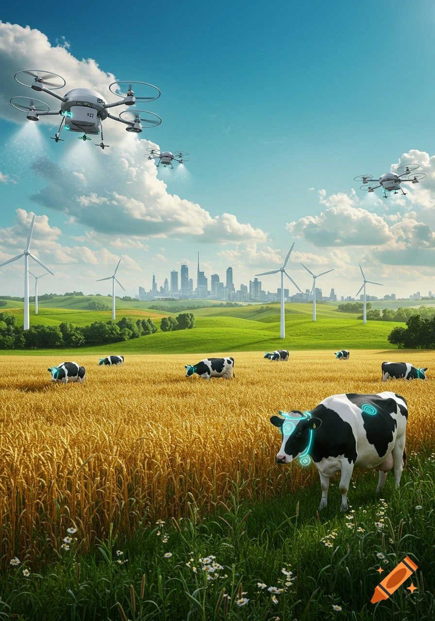 Photorealistic futuristic farm with drones spraying golden wheat fields, cows with smart collars, green hills, and a distant city.