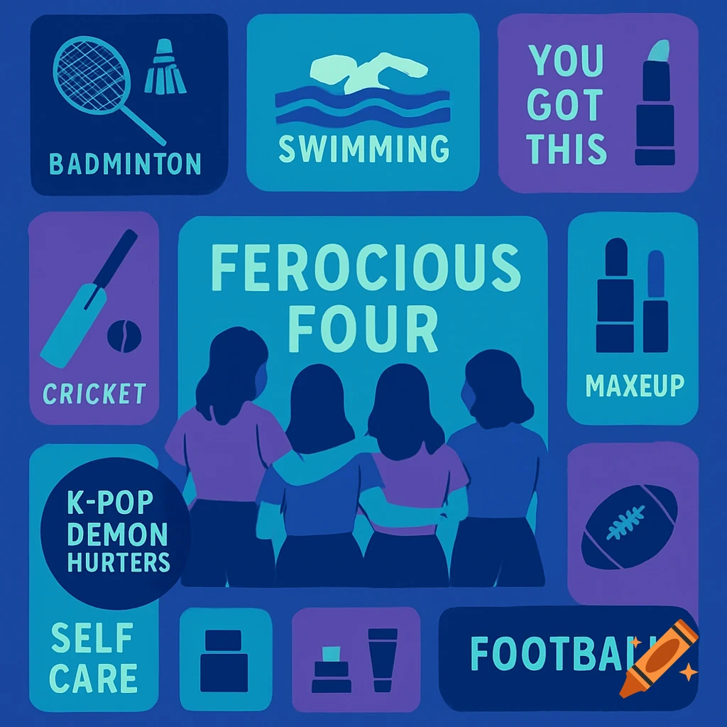 A blue and purple mood board with squares featuring sports, beauty items, and positive affirmations, centered around four friends and the text "FEROCIOUS FOUR."