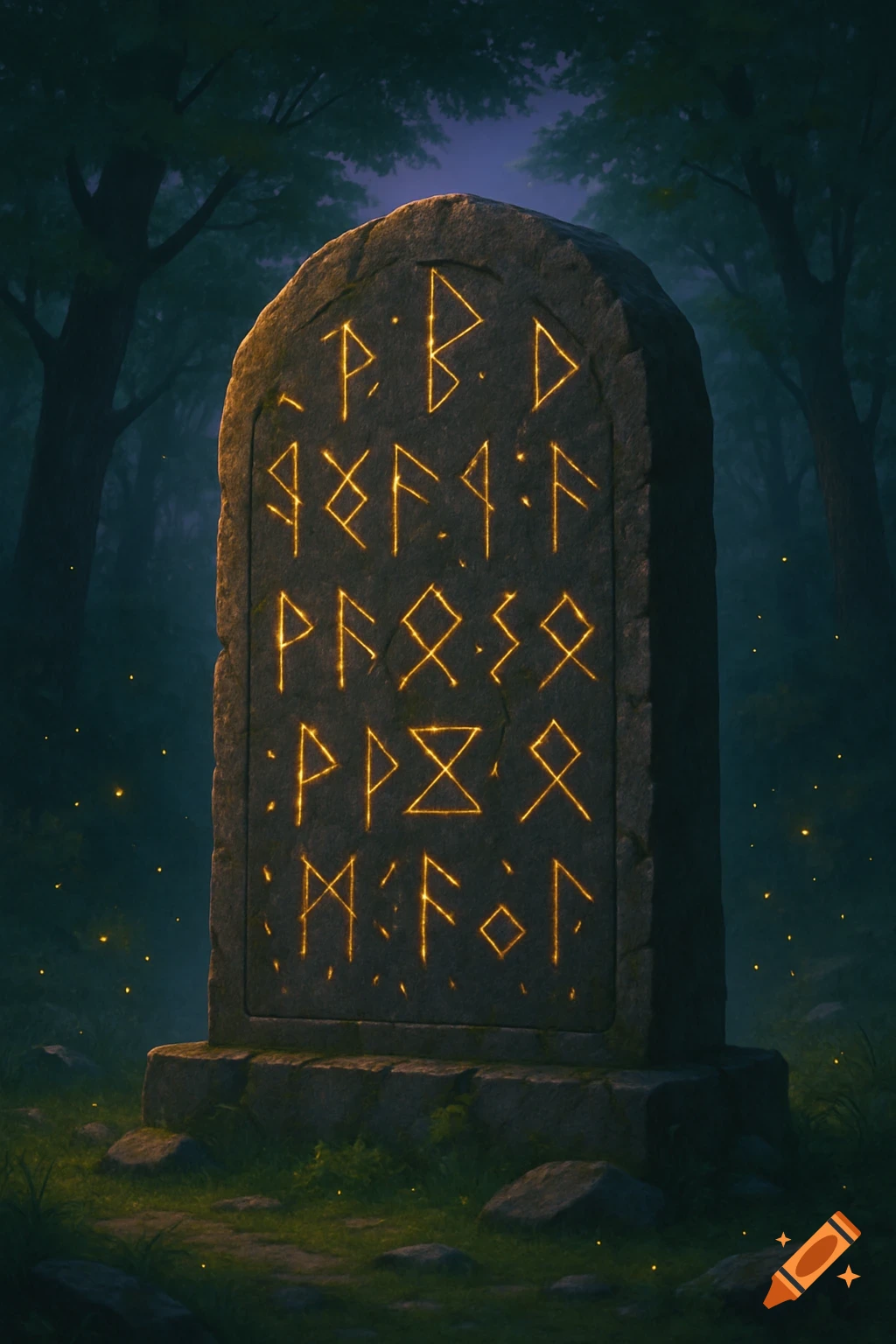 A glowing runestone tablet stands in a dark, mystical forest at dusk with light particles floating around.