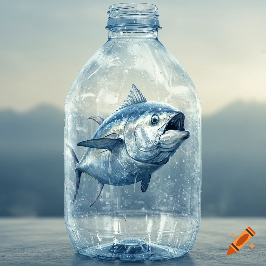 A distressed tuna fish trapped inside a clear plastic bottle with water droplets.