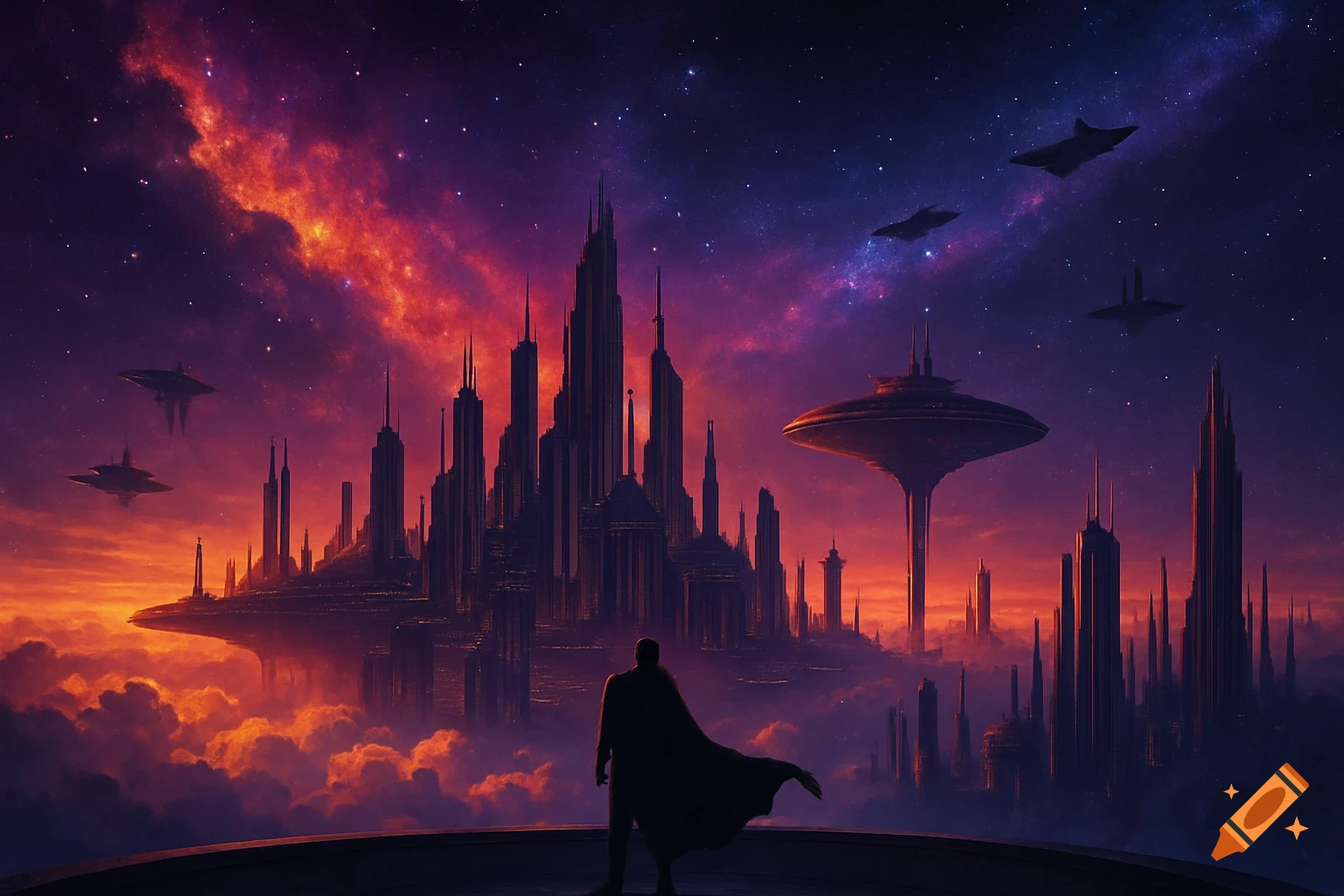 A person in a cape overlooks a sprawling futuristic city floating amidst clouds under a dramatic cosmic sky with spaceships flying overhead.