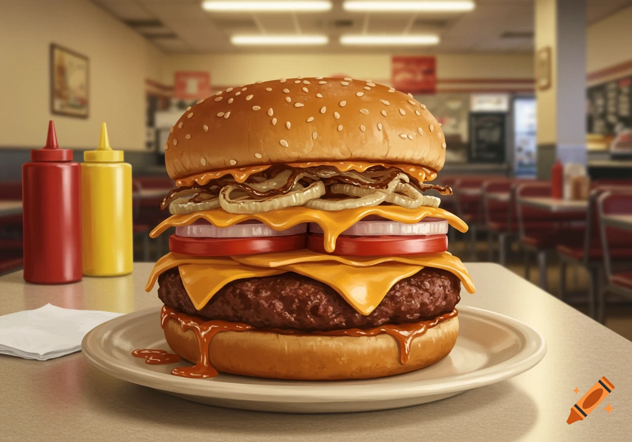 A close-up of a huge, greasy burger with cheese, tomatoes, and onions on a white plate in a diner setting.