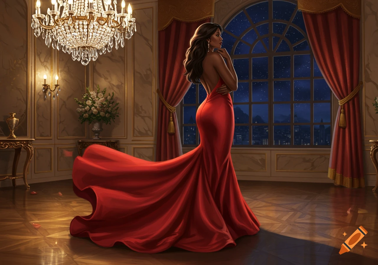 A woman in a flowing red evening gown stands in a luxurious room, looking out a large window at a city skyline at night. The dress trails behind her on a polished wooden floor.