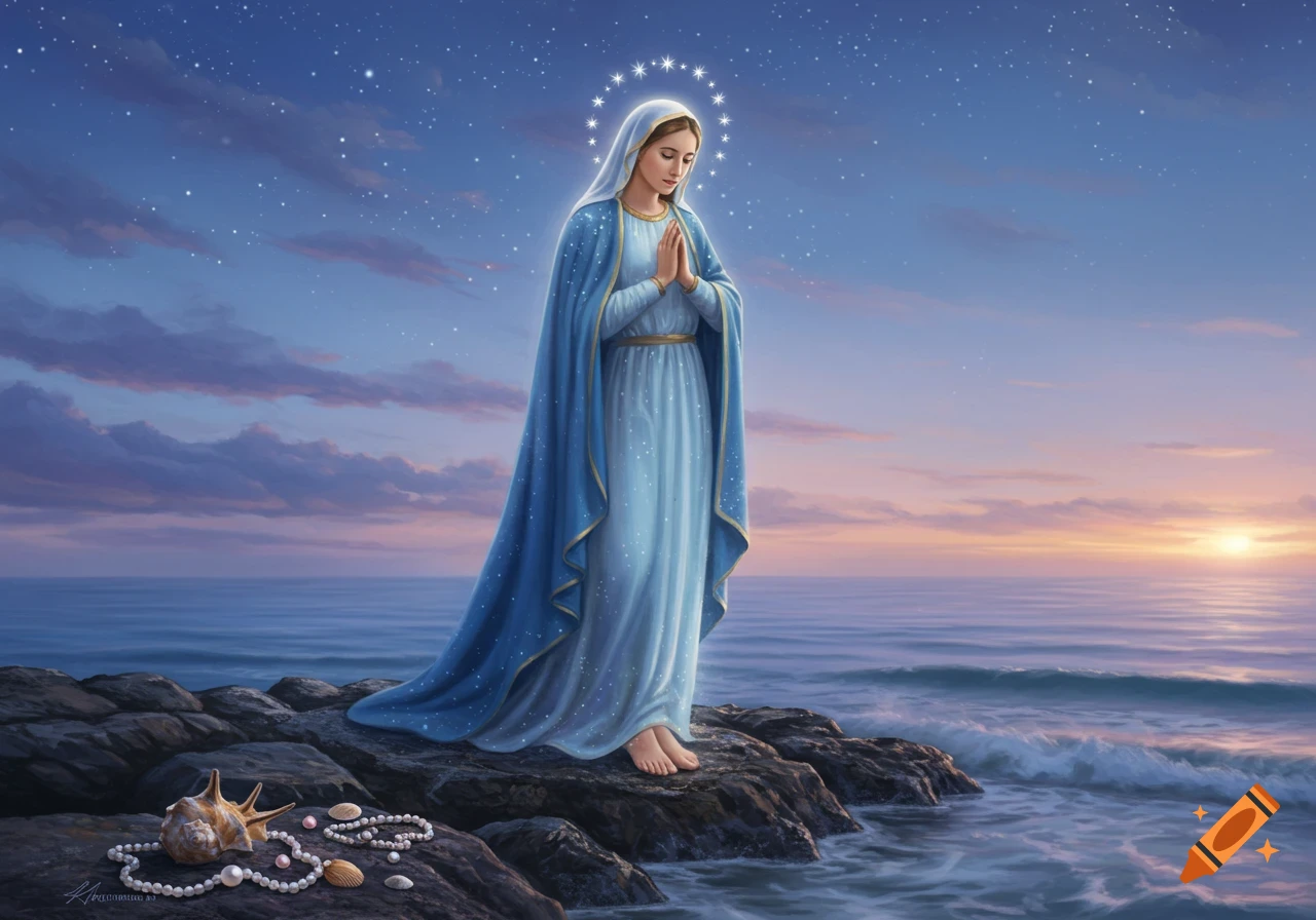 Painting of the Virgin Mary in a blue robe with a starry halo, standing on rocks by the sea at sunset.