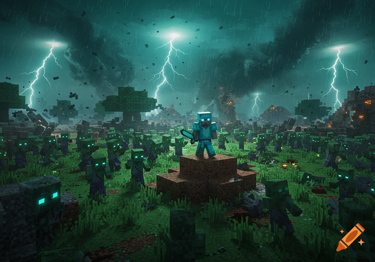 A Minecraft scene with a player in diamond armor on a dirt mound, surrounded by many zombies during a lightning storm and rain.