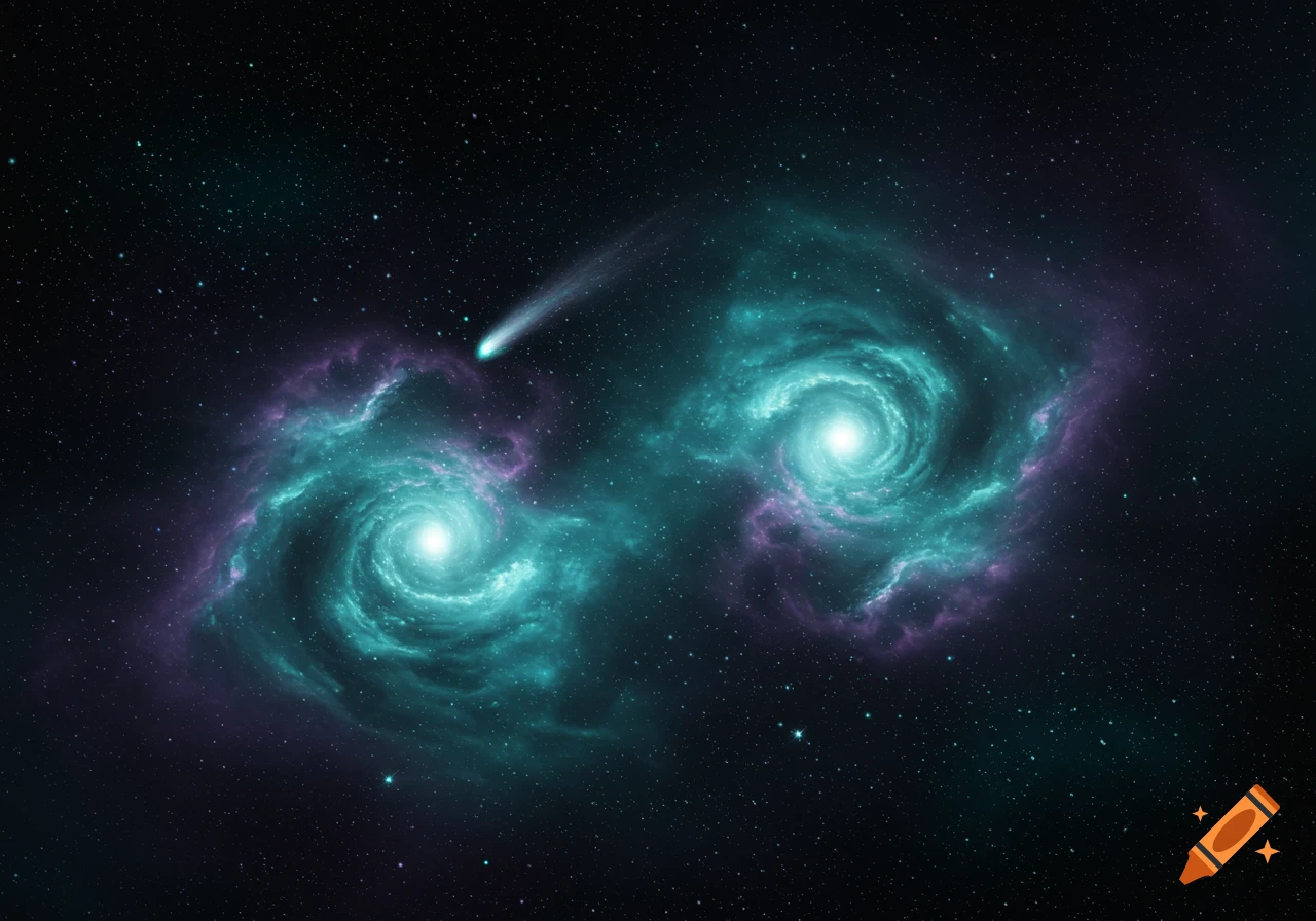 A cosmic scene featuring two swirling turquoise and purple galaxies and a white comet streaking across a star-filled dark blue space.