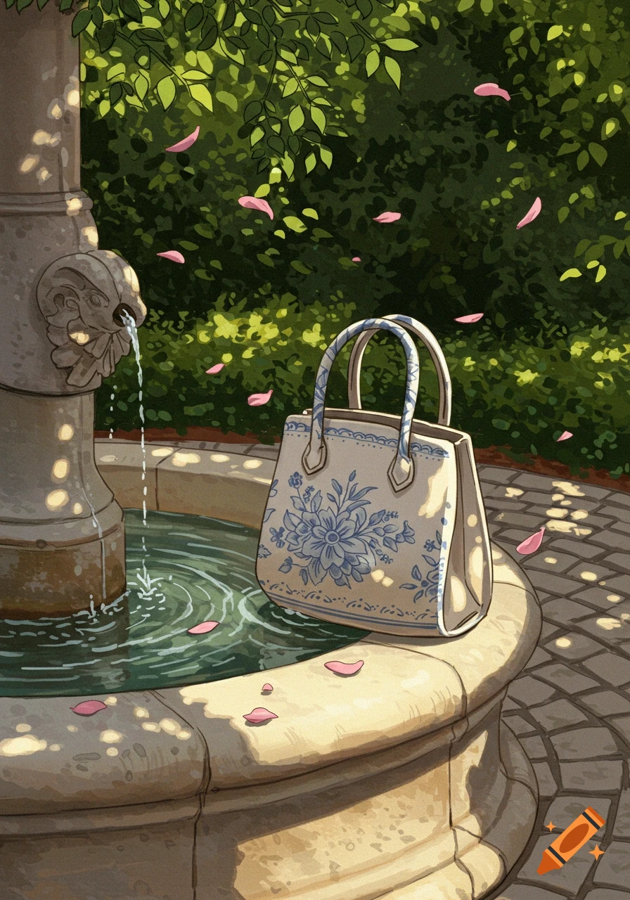 A white handbag with blue floral patterns rests on the edge of a stone fountain with water flowing, surrounded by green foliage and falling pink petals in an illustrative style.