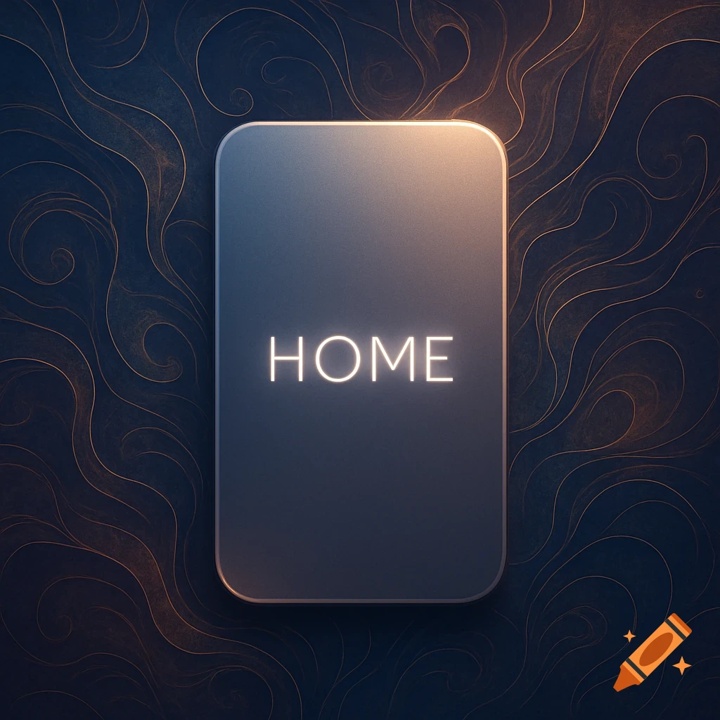 A rectangular glowing sign with 'HOME' text in the center, set against a dark, swirling esoteric background with gold lines.
