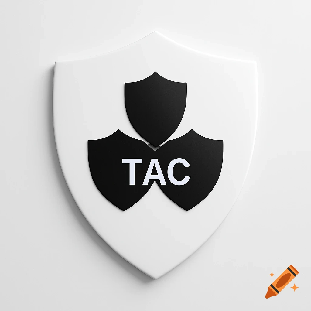 A white shield with three black shields, one of which has 'TAC' written on it in white text.