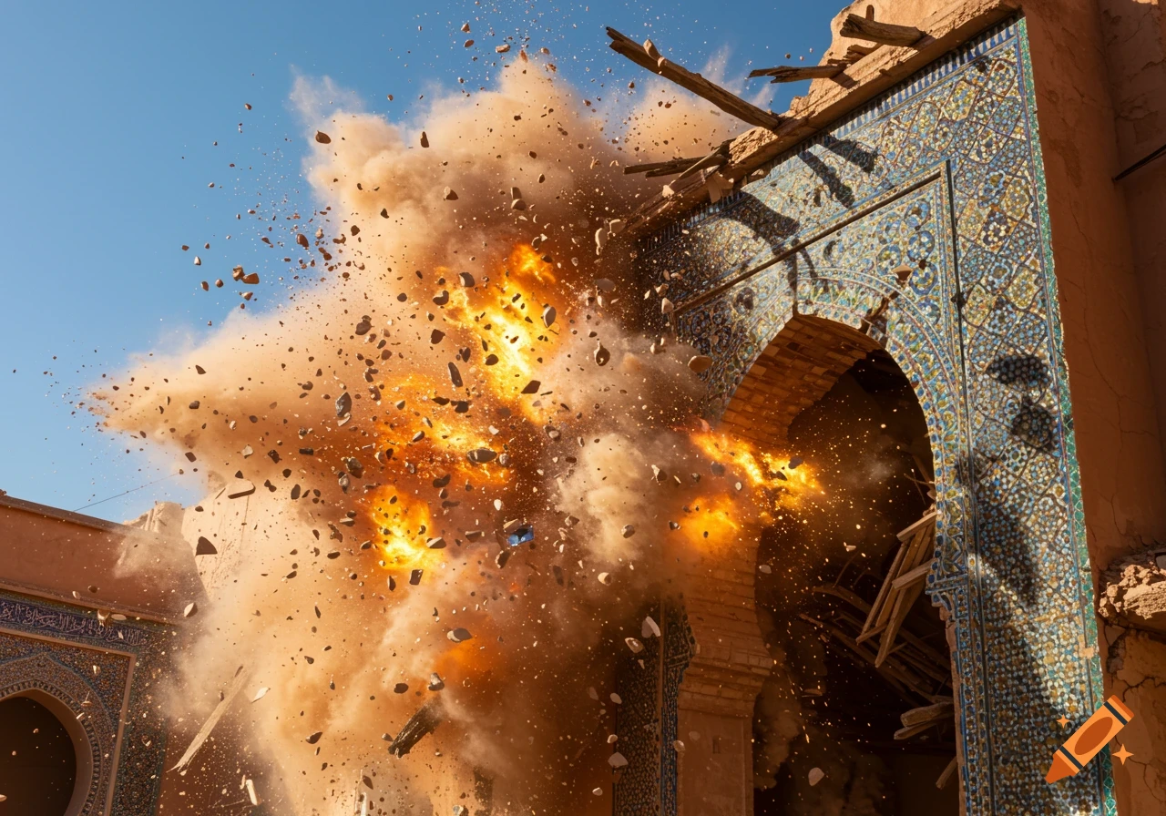 A low-angle, photorealistic shot of a building in a Moroccan village exploding, with fire, smoke, and debris flying.