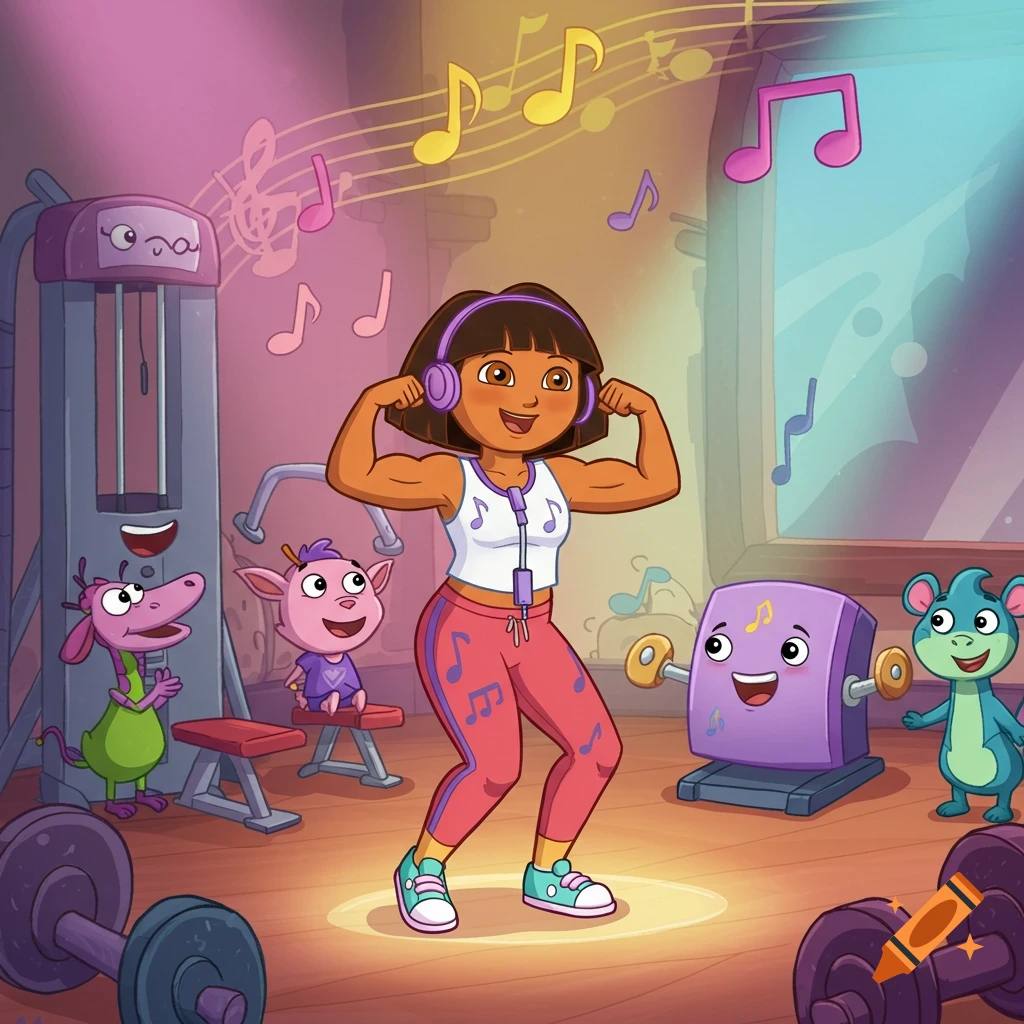 Dora the Explorer, with large muscles, flexes in a colorful cartoon gym surrounded by musical notes and other cartoon characters.