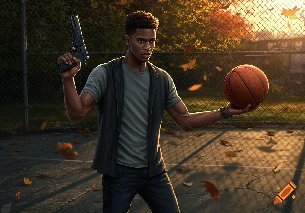 A dark-skinned man holds a basketball in one hand and a handgun in the other on an outdoor court with autumn leaves at sunset.