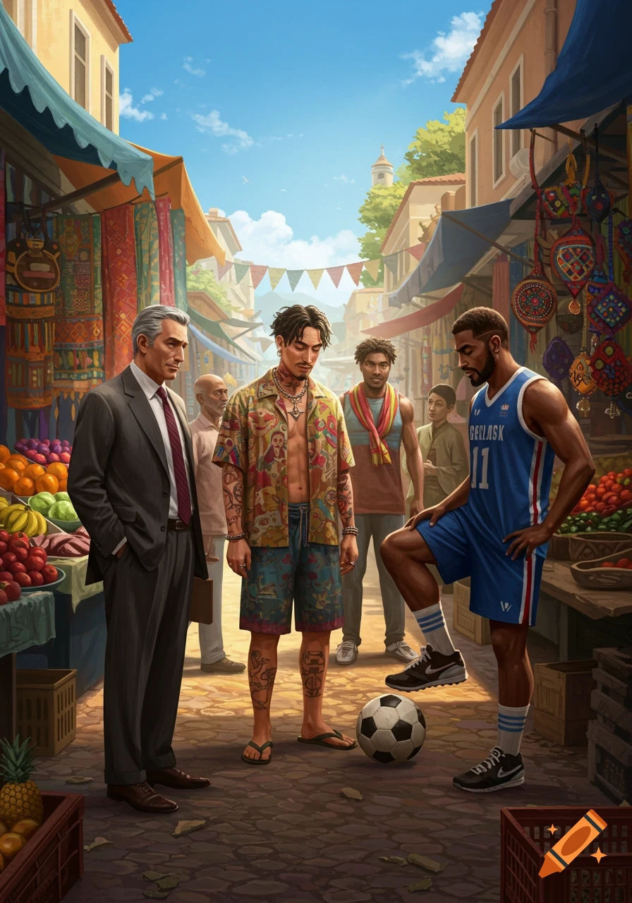An illustration of a group of men gathered in a vibrant, sunlit outdoor market. Fruits, textiles, and various goods are displayed.