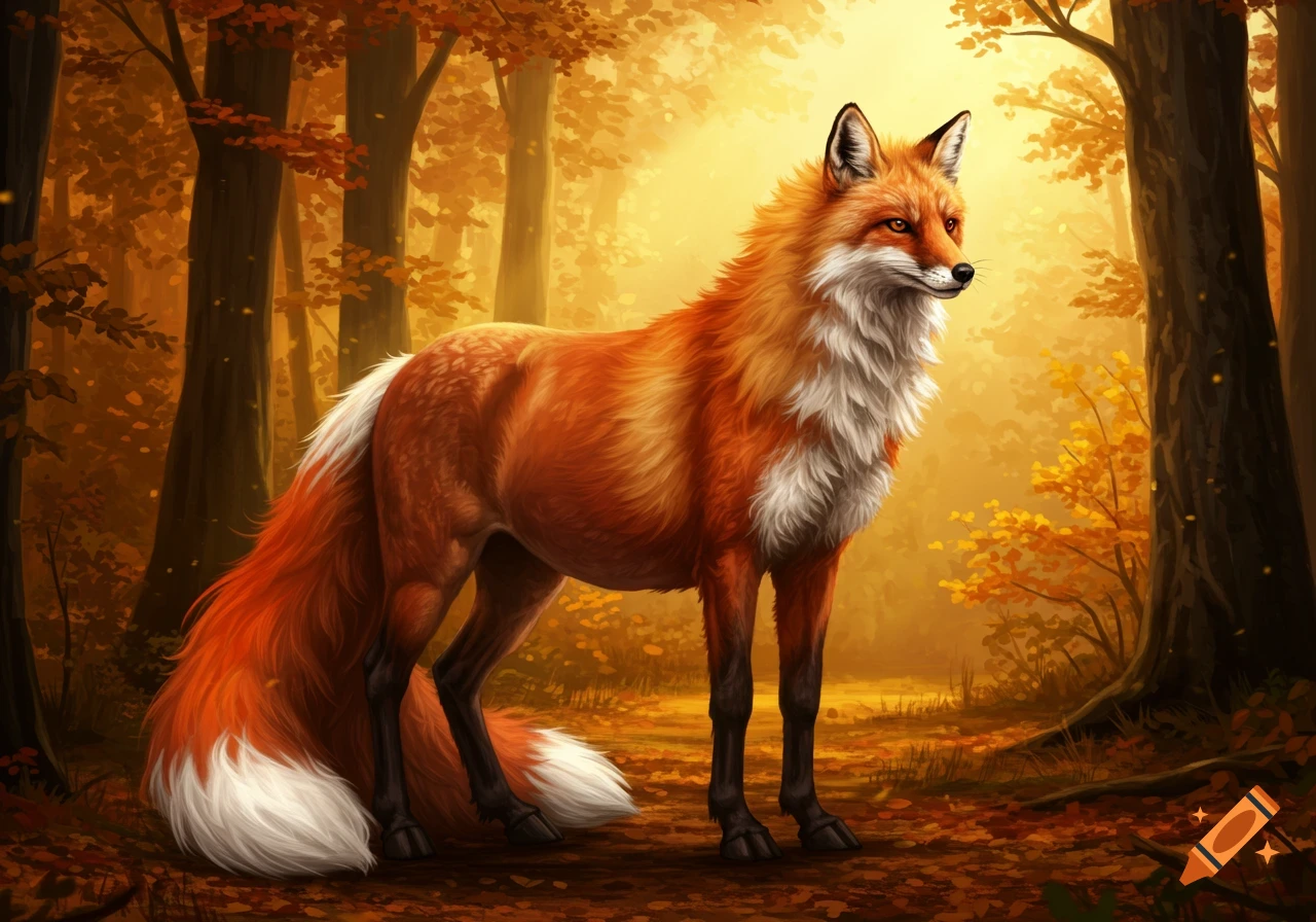 A majestic orange and white fox stands in a sunlit autumnal forest, looking to the right. The ground is covered in fallen leaves.