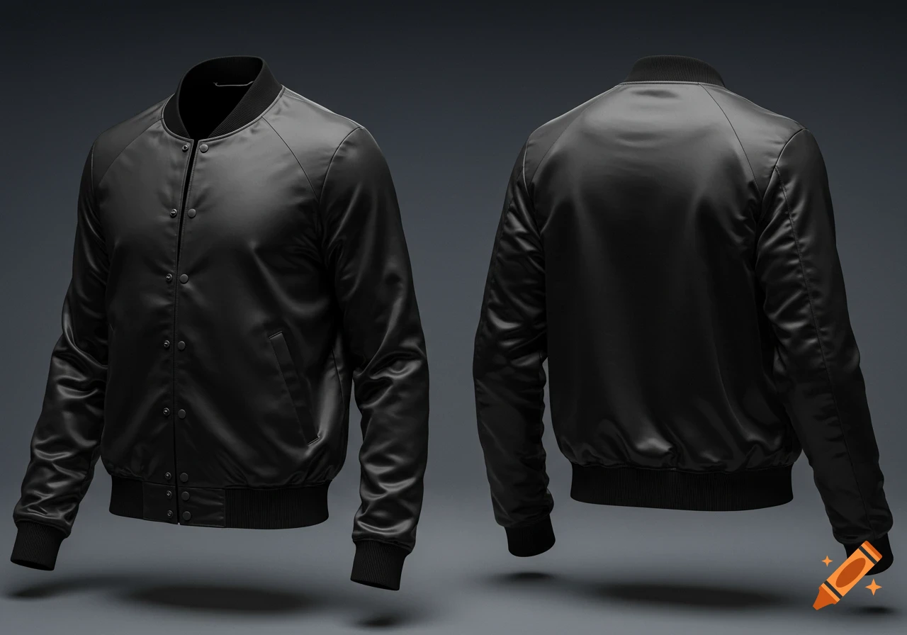 A black satin bomber jacket shown from the front and back views, floating on a dark background.