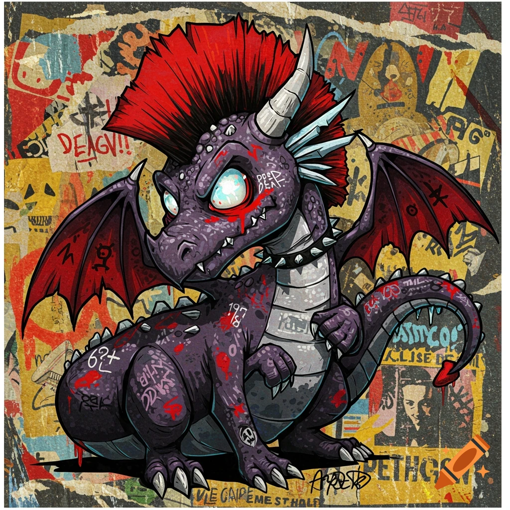 A stylized purple cartoon dragon with a red mohawk, spiked collar, and graffiti marks, set against a background of torn punk posters.