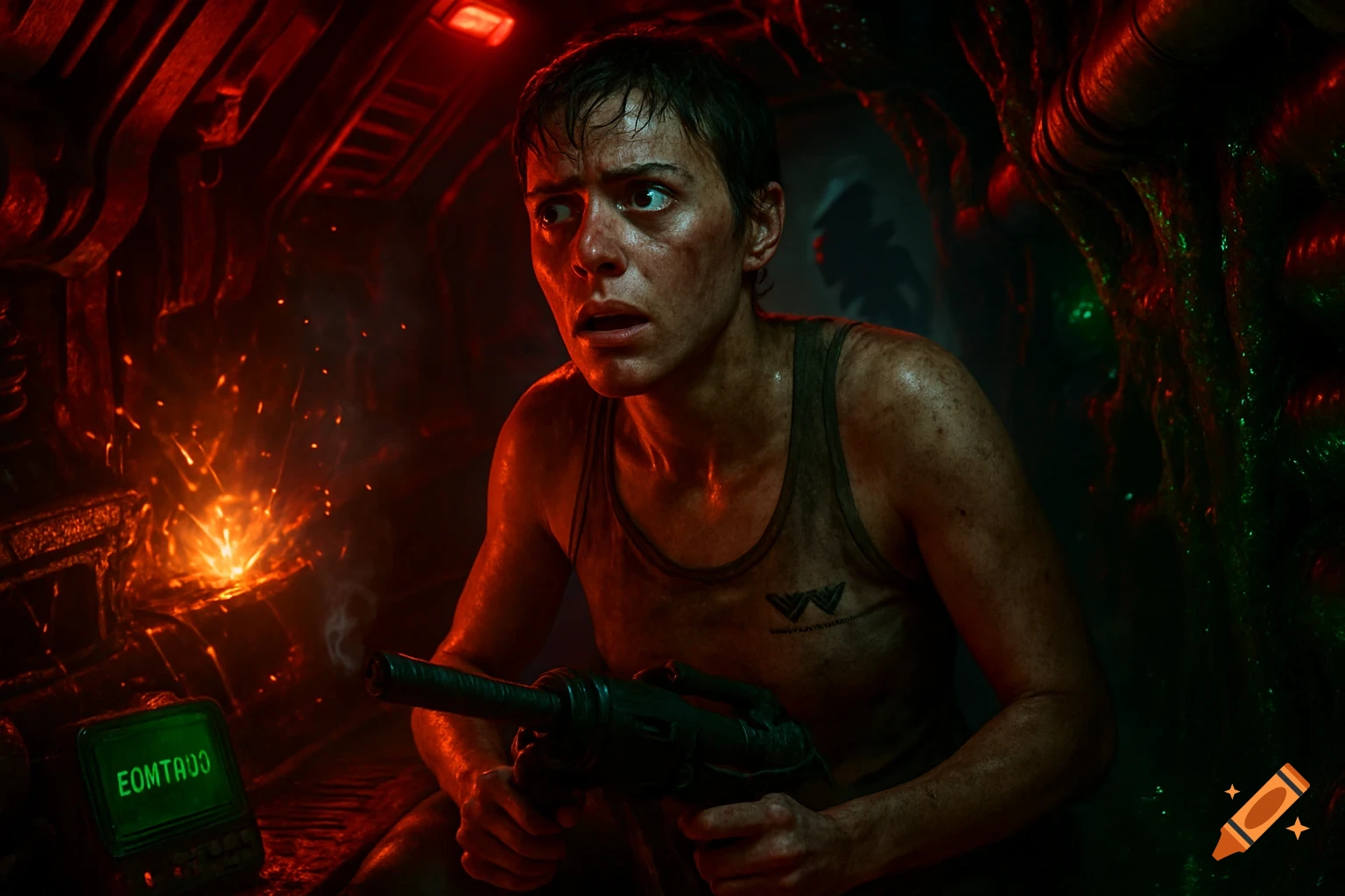 A distressed woman with short hair and a dirty tank top crouches in a red-lit, grimy sci-fi spaceship holding a weapon, sparks flying in the background.