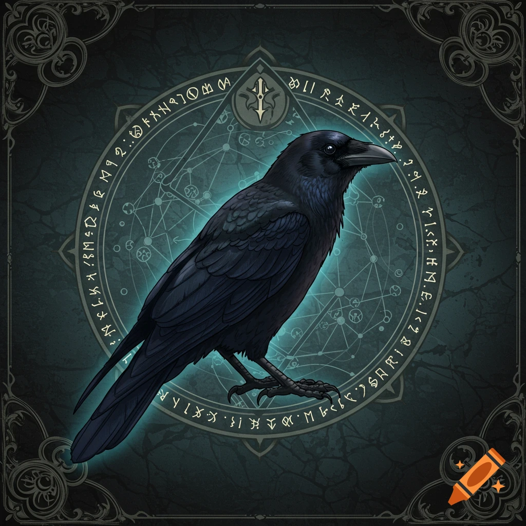 A black raven stands prominently in the center of a dark, mystical background, surrounded by a glowing blue circular design filled with indecipherable runes and intricate decorative borders.