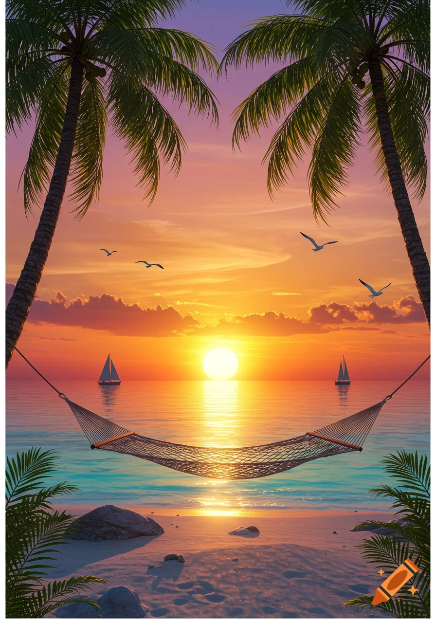 A vibrant sunset over a tropical beach with two palm trees framing the view and a hammock suspended over the water.