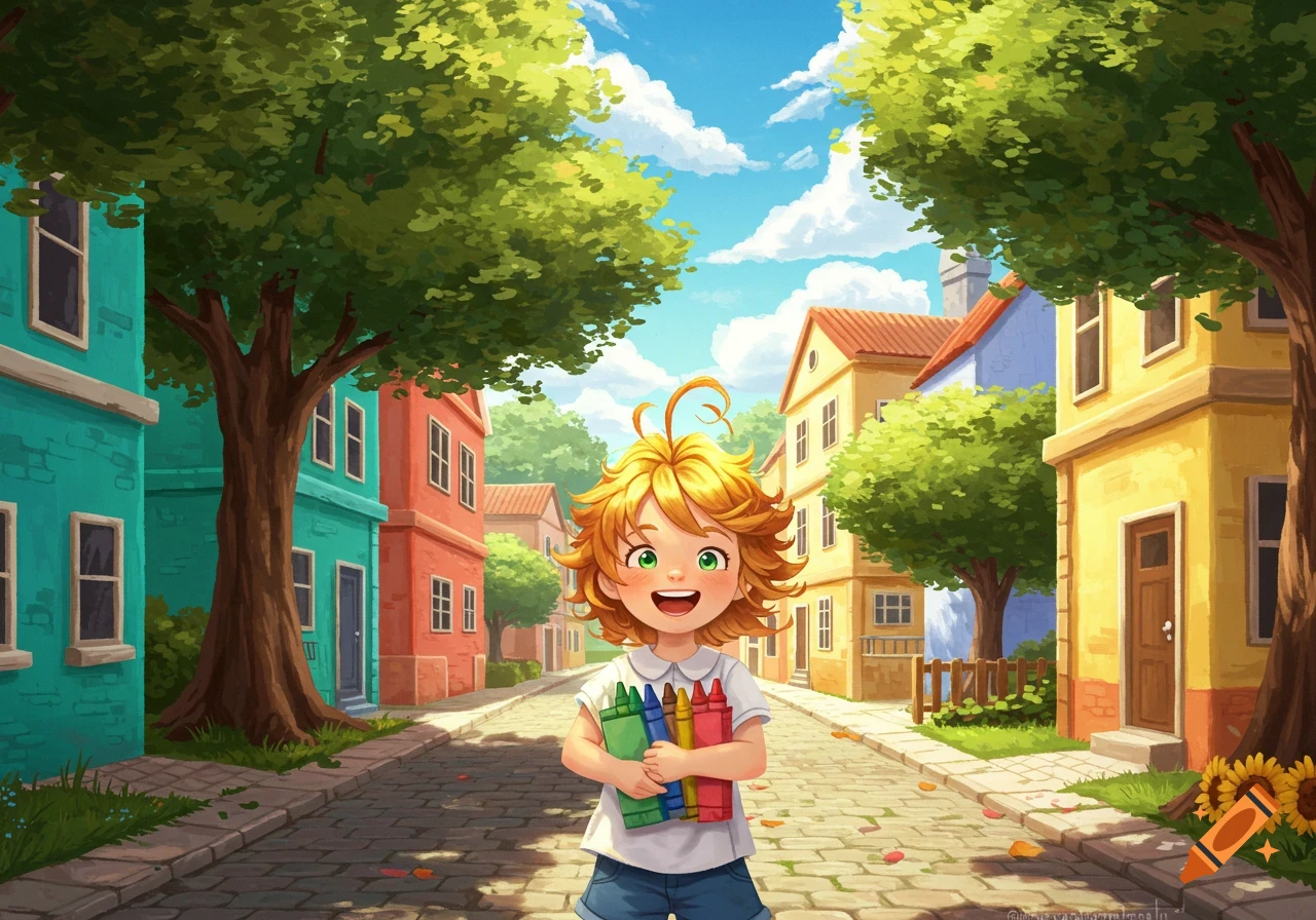 A cheerful anime girl with orange curly hair smiles, holding crayons on a cobblestone street in a colorful town with trees.