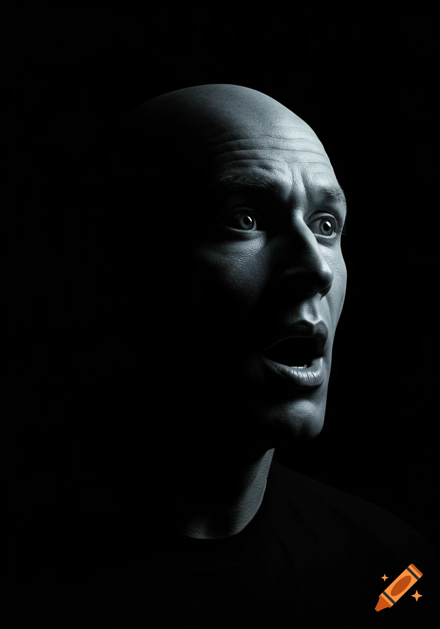 Monochromatic close-up of a bald man with a shocked expression, looking up and to the right.