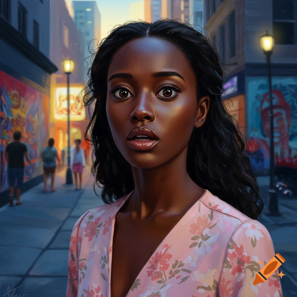 A young African American woman with a surprised expression stands on a city street with colorful murals and streetlights. Digital painting.