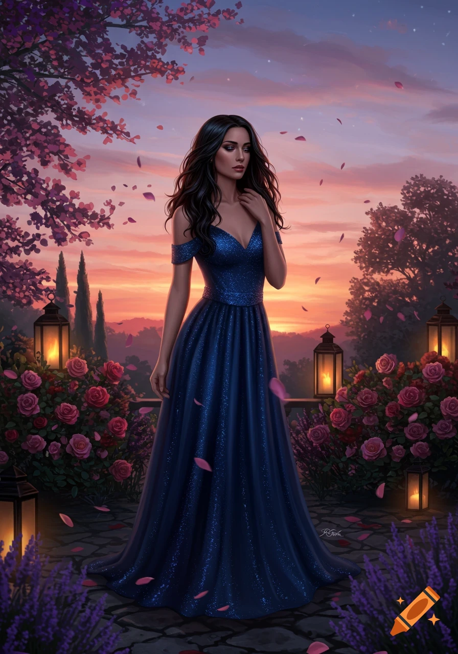 A beautiful woman in a shimmering blue gown stands in a lush garden at sunset, with pink flowers and lanterns.