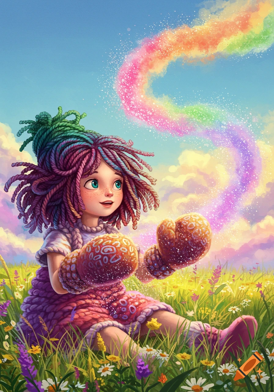 Whimsical illustration of a colorful girl sitting in a flower field, creating a rainbow trail of sparkling powder from her gloves.