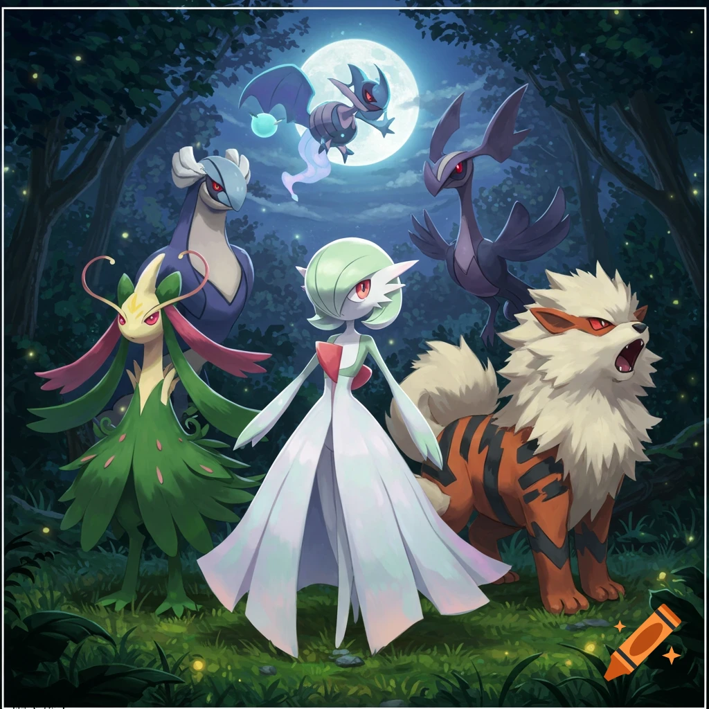 Several Pokemon characters, including Gardevoir, Arcanine, and others, stand in a dark, moonlit forest in an anime art style.