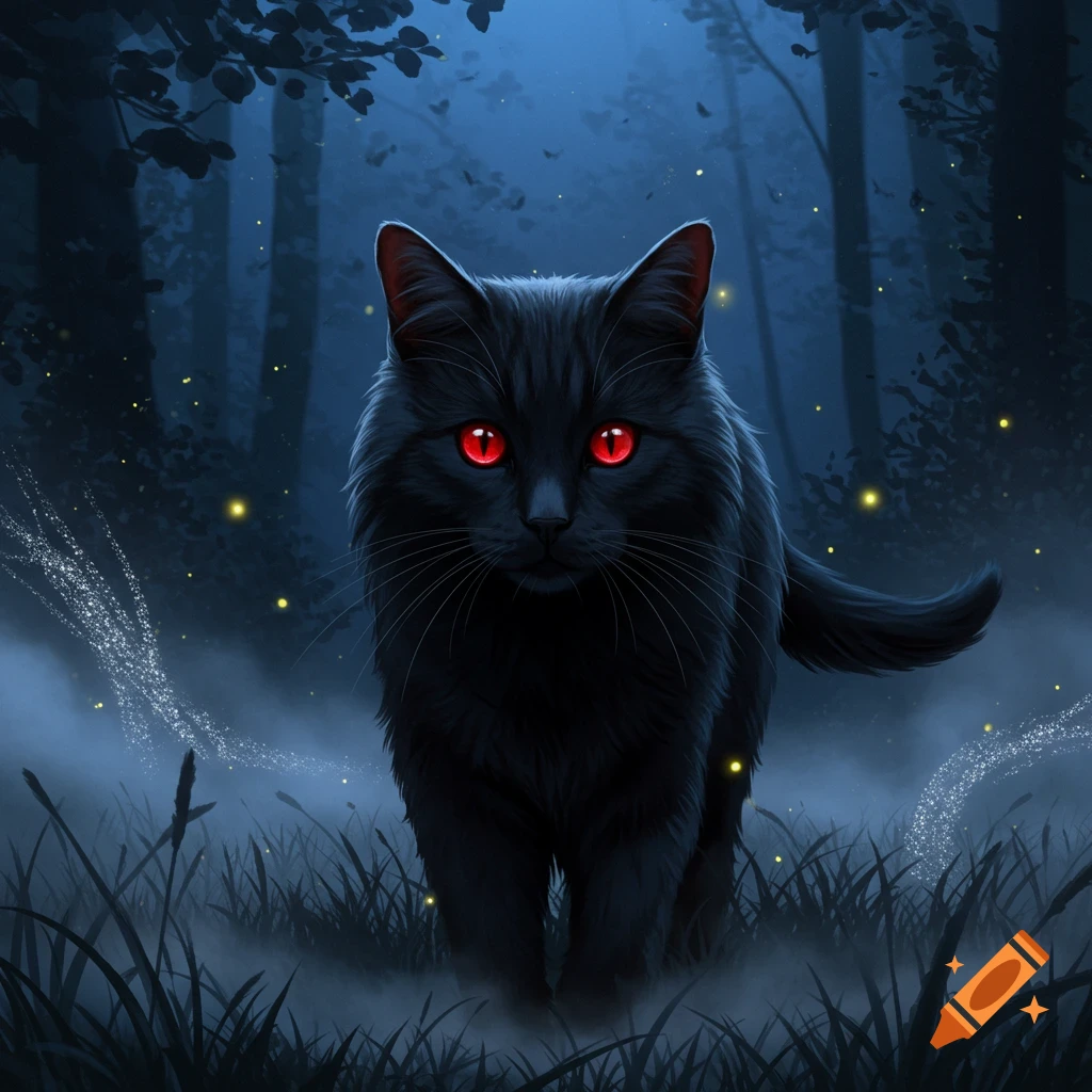 A black cat with glowing red eyes emerges from a dark, misty forest with sparkling lights in digital art style.