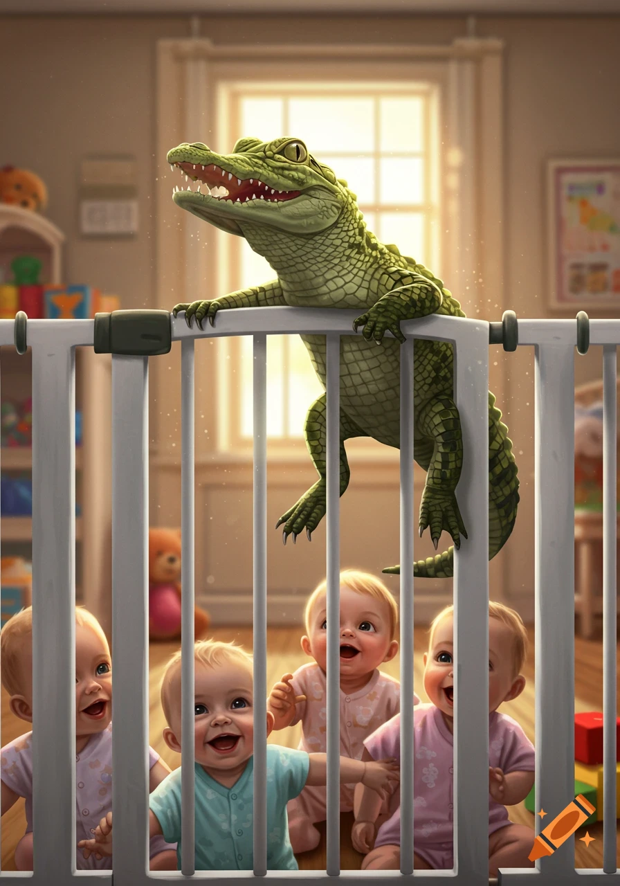 A curious baby alligator with its mouth open perches on a white baby gate, looking down at four smiling babies in a sunlit nursery.