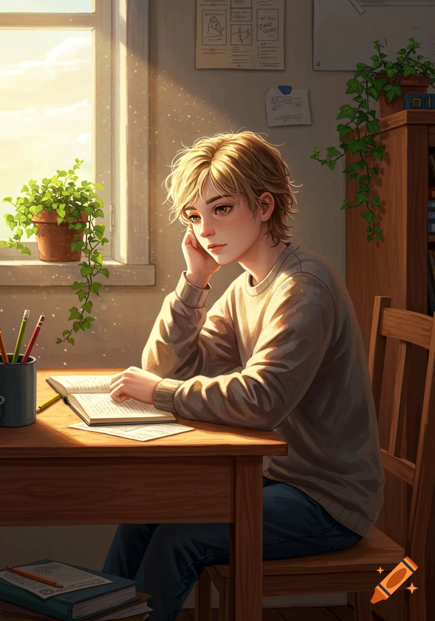 Digital art of a young person with blonde hair studying a book at a wooden desk by a sunny window.