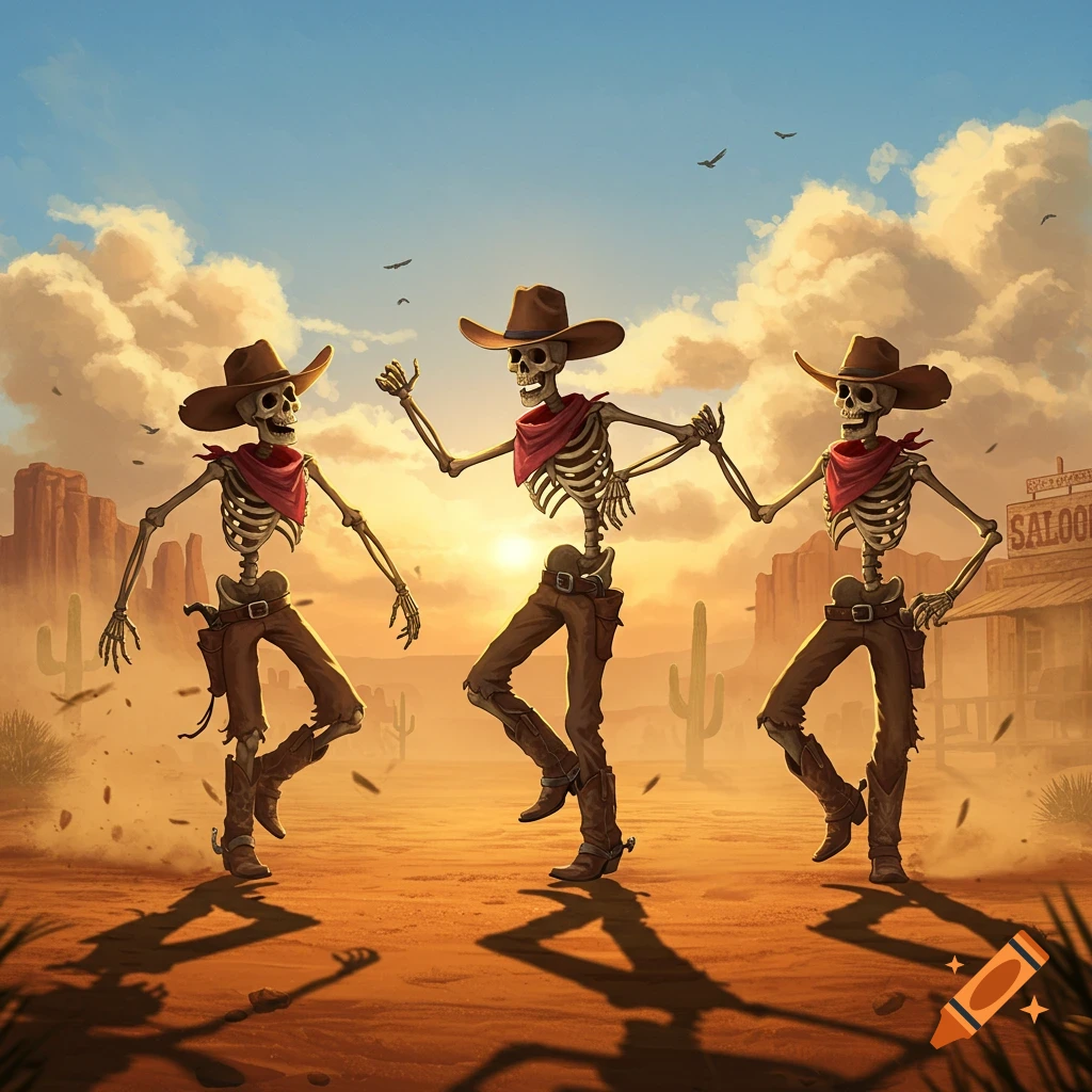 Three stylized skeletons in cowboy hats, boots, and bandanas dance in a dusty desert landscape with a saloon at sunset.