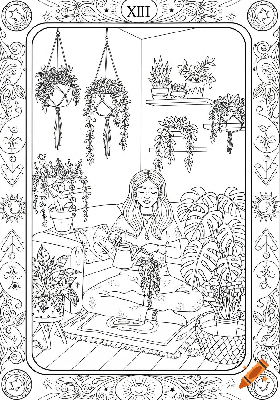 A black and white line art illustration in boho style showing a woman watering plants in a cozy living room, surrounded by many potted plants. The scene is set within a decorative tarot card-style frame.