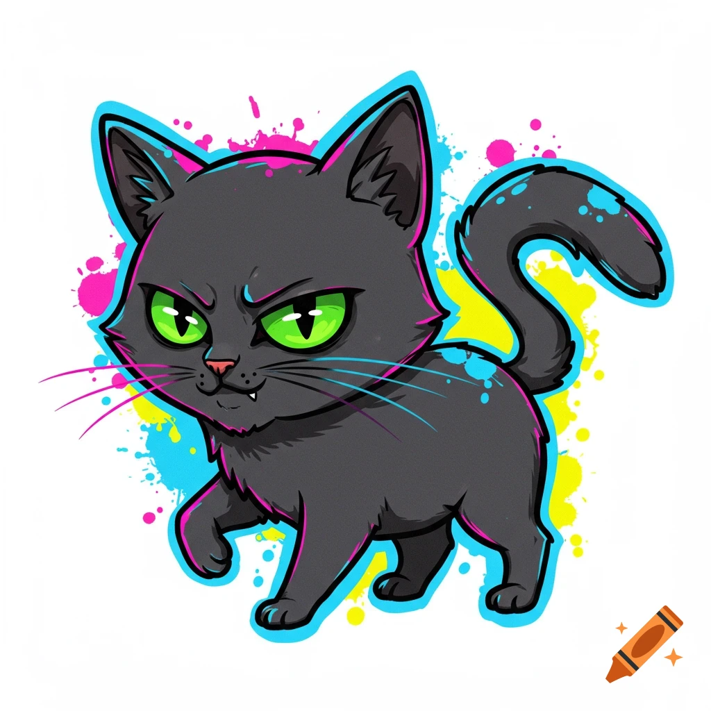 A dark grey cartoon cat with glowing green eyes and fangs is surrounded by neon pink, blue, and yellow paint splatters, in a graffiti sticker style.