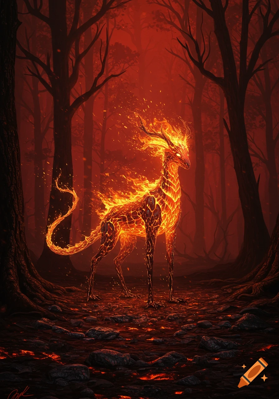 A fiery stag-like creature glows in a dark, ember-filled forest. Digital art.