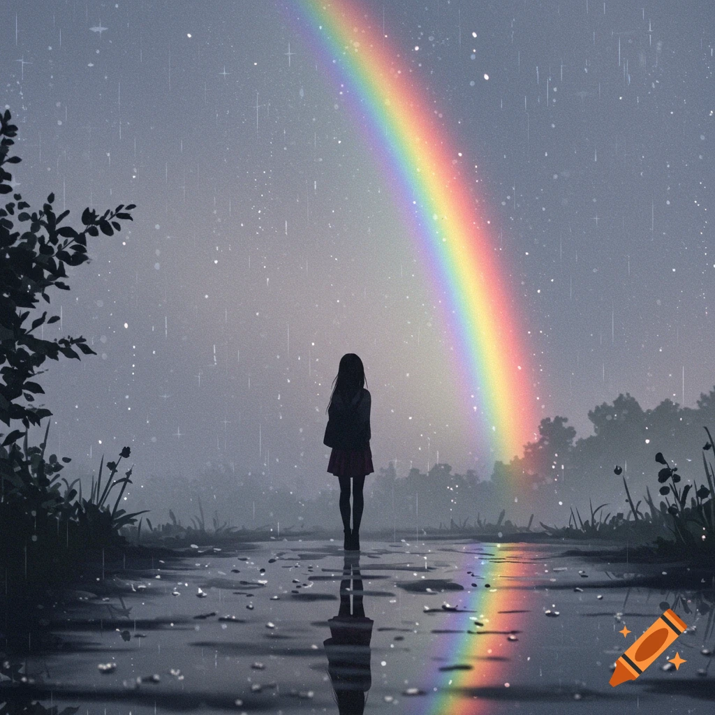 A girl's silhouette stands on a wet path, gazing at a vibrant rainbow arching through a dark, foggy, rainy sky with small lights.