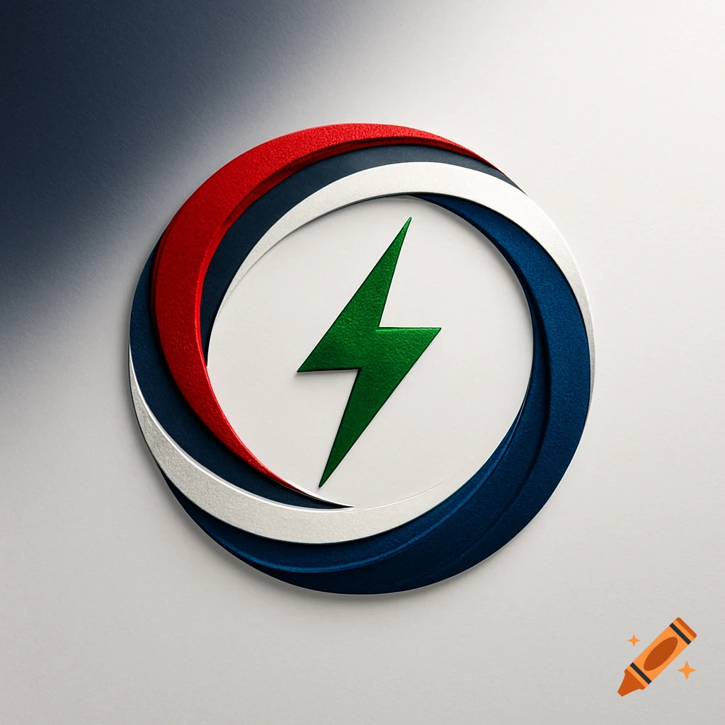 A red, white, and blue circular logo with a green lightning bolt in the center, rendered with a metallic texture.