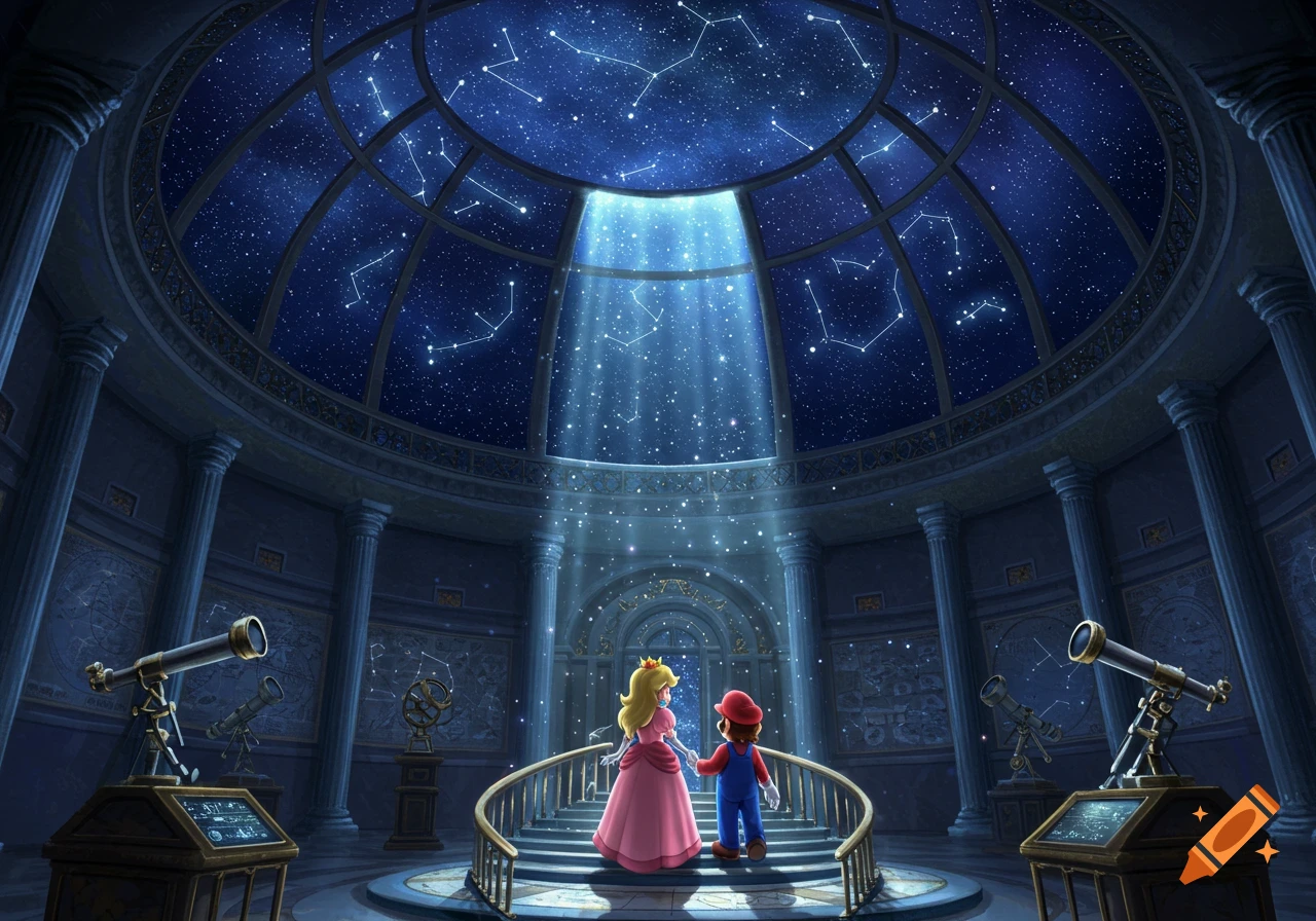 Mario and Princess Peach in a grand observatory with a domed ceiling revealing a starry night sky and constellations.