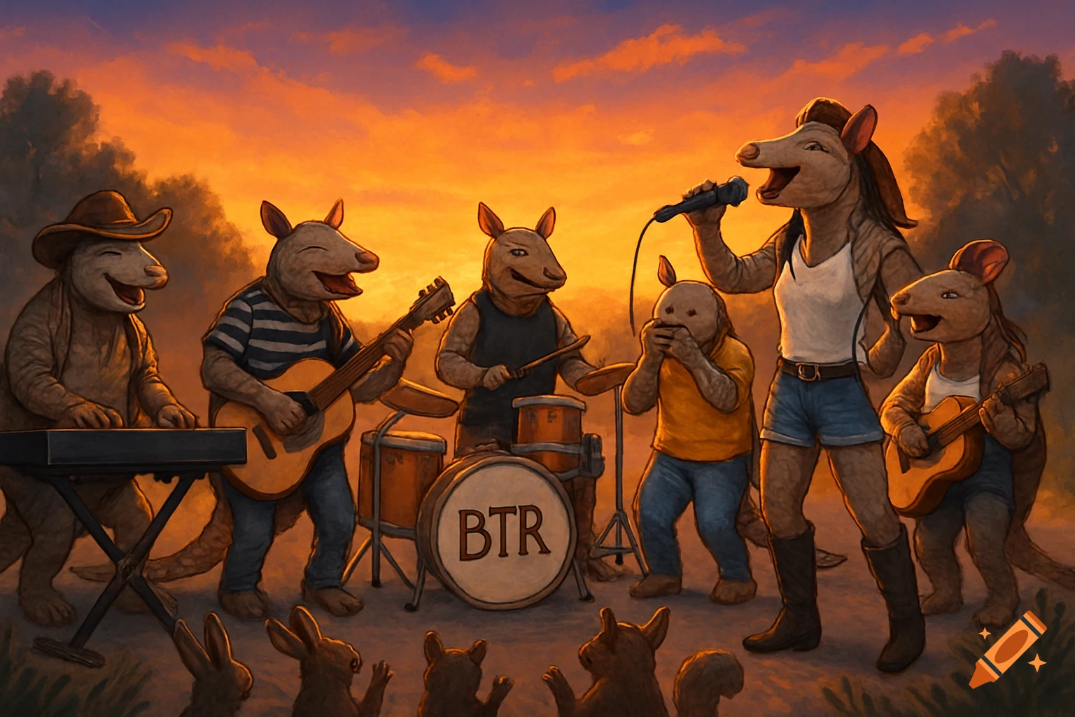 An illustration of an armadillo band playing music by the roadside at sunset, with other woodland creatures watching.