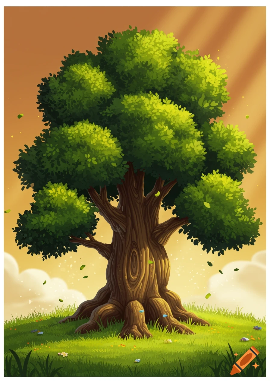 A large, stylized tree with a thick green canopy stands on a grassy hill under a warm, glowing sky.