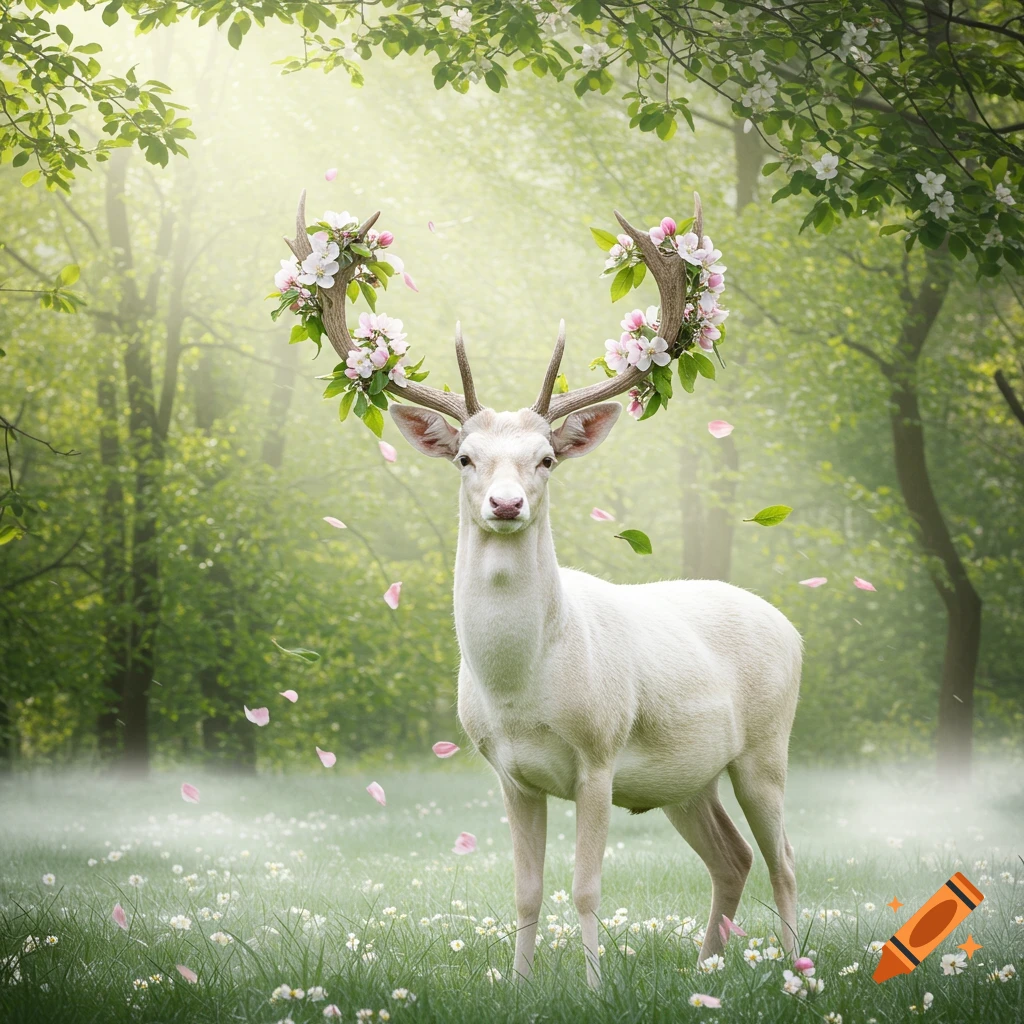 A white deer with blooming apple blossoms on its antlers stands in a sunlit, flower-filled forest with falling petals.