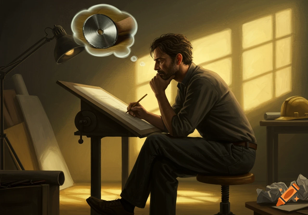 A pensive man, an artist or architect, sits at a drafting desk under a lamp, with a thought bubble containing a saw blade.